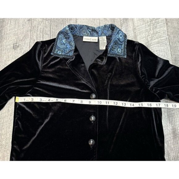 Studio Ease Velour Blouse Womens SP Black‎ Blue Shirt Stretch Button Winter NEW - Picture 6 of 9